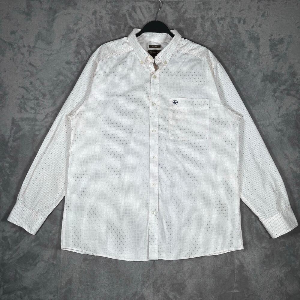 Ariat Western Button Down Shirt Men’s XL Fitted White Micro Dot Cotton